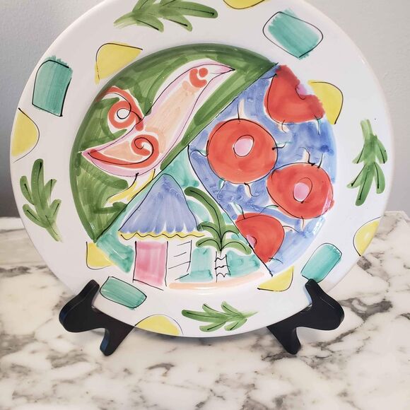 Tickled Pink Elizabeth Barrett Roache Pottery. Vintage hand-painted Dinner Plate - Picture 1 of 4